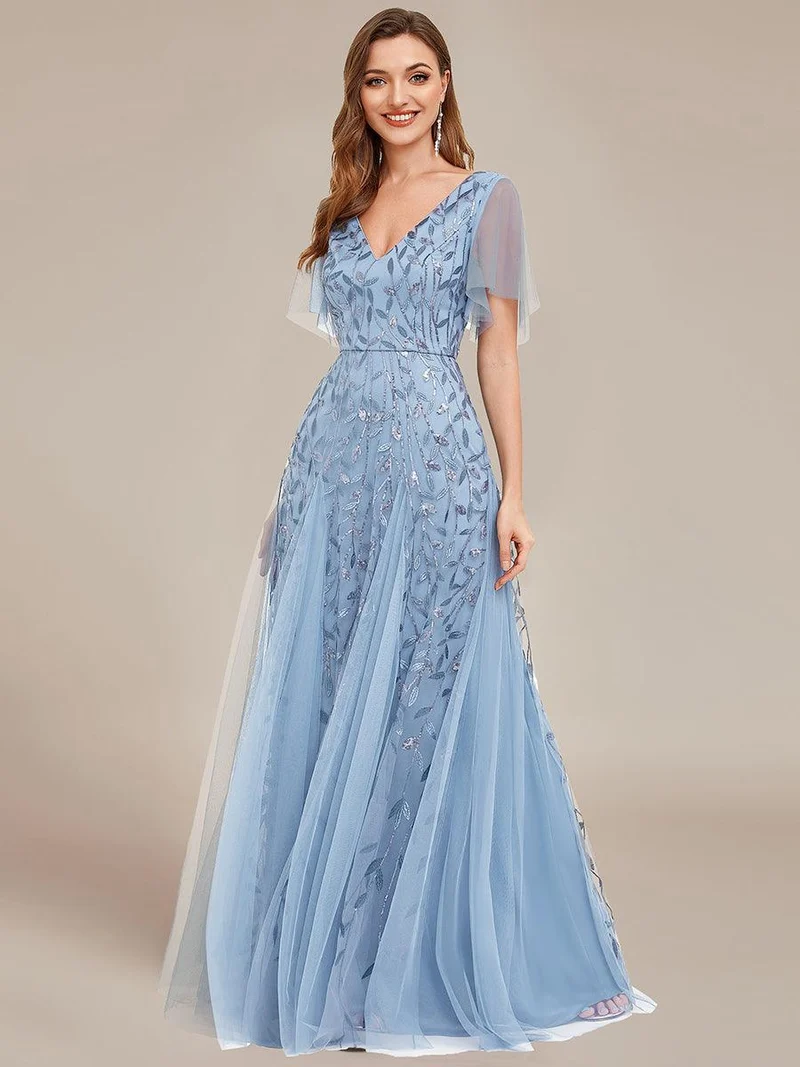 ever ASTRAL|Robe de soirée de mariage à col en V et manches à volants