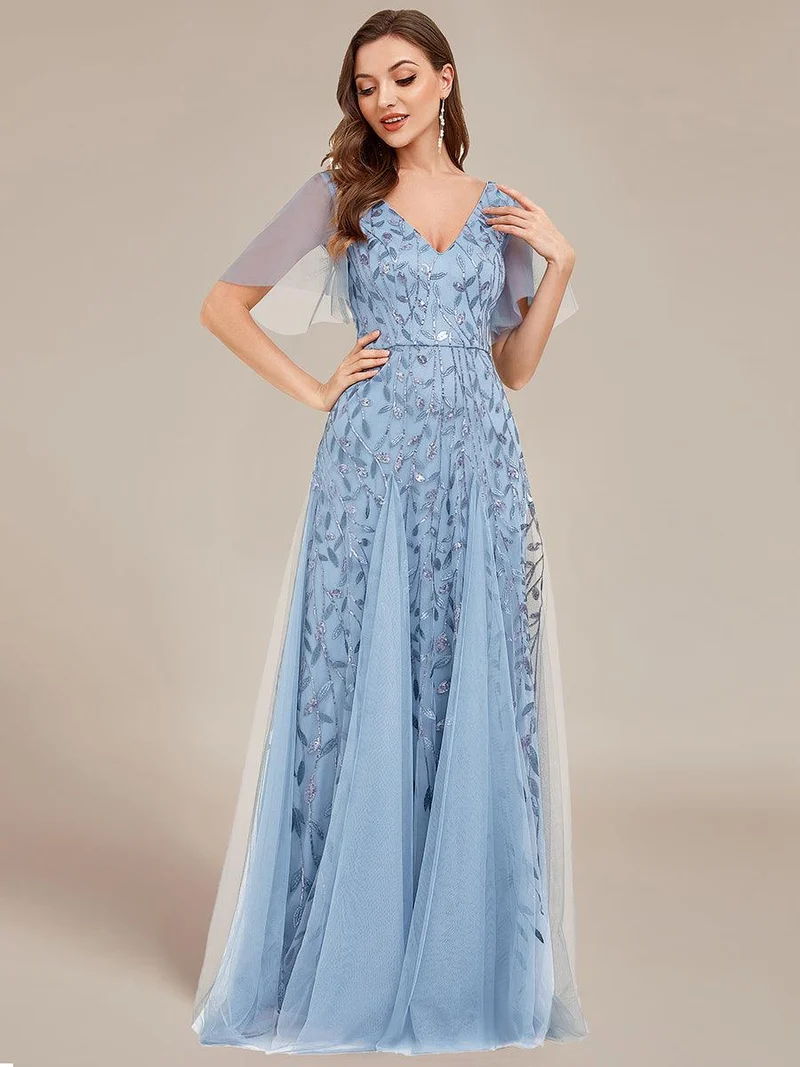 ever ASTRAL|Robe de soirée de mariage à col en V et manches à volants