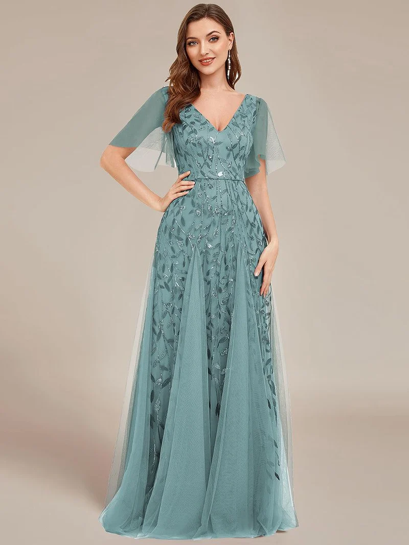 ever ASTRAL|Robe de soirée de mariage à col en V et manches à volants