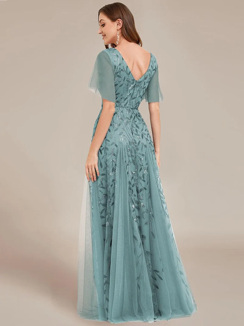 ever ASTRAL|Robe de soirée de mariage à col en V et manches à volants