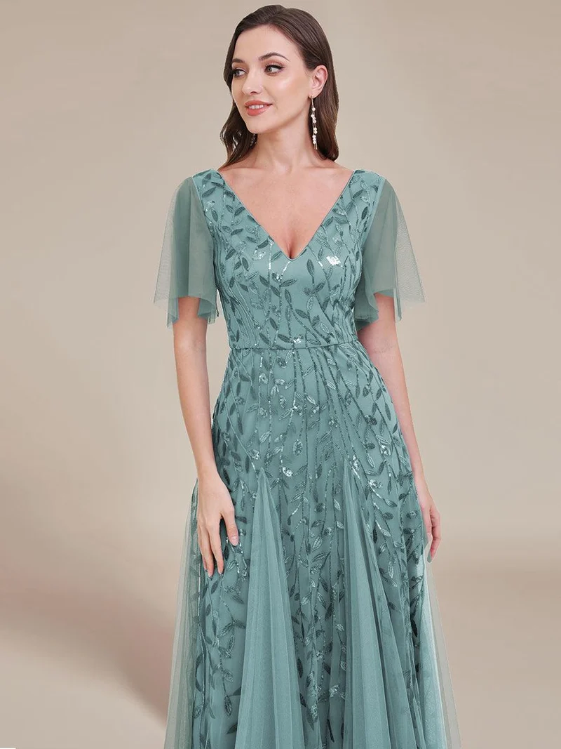 ever ASTRAL|Robe de soirée de mariage à col en V et manches à volants