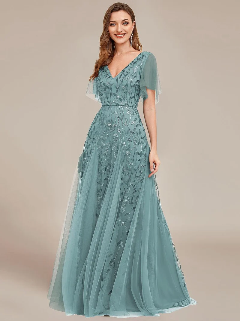 ever ASTRAL|Robe de soirée de mariage à col en V et manches à volants