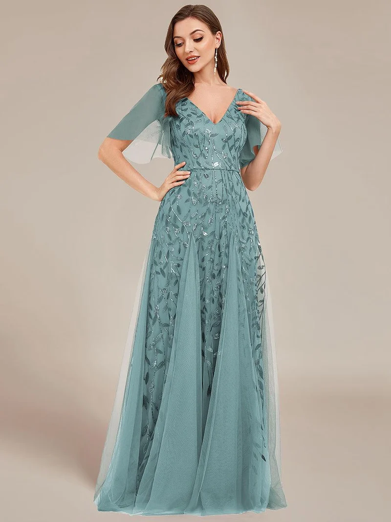 ever ASTRAL|Robe de soirée de mariage à col en V et manches à volants