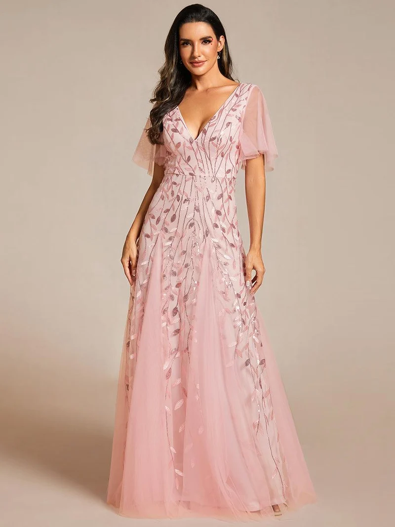 ever ASTRAL|Robe de soirée de mariage à col en V et manches à volants