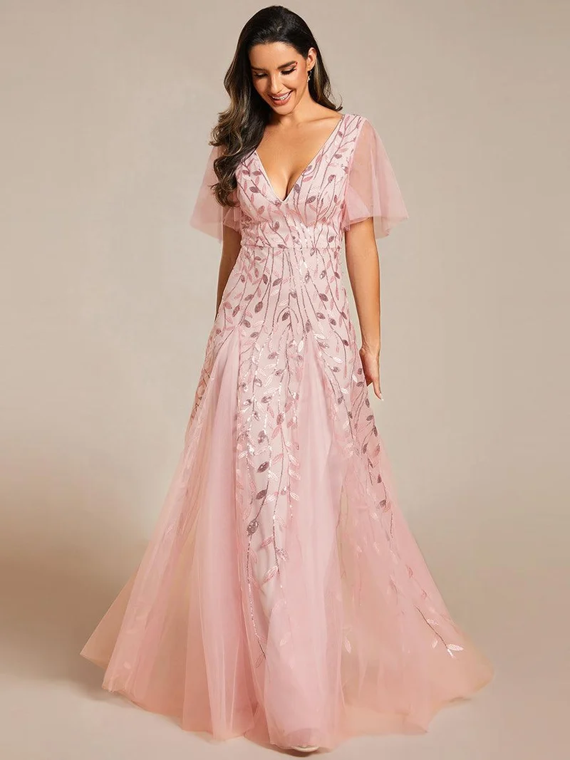 ever ASTRAL|Robe de soirée de mariage à col en V et manches à volants