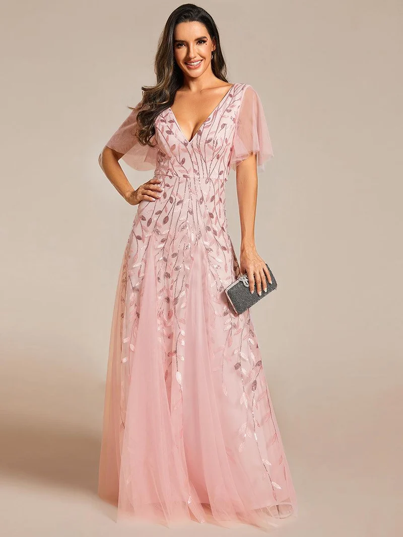 ever ASTRAL|Robe de soirée de mariage à col en V et manches à volants