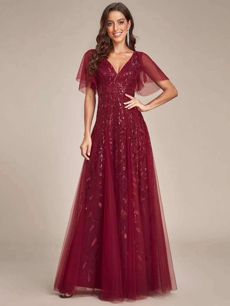ever ASTRAL|Robe de soirée de mariage à col en V et manches à volants