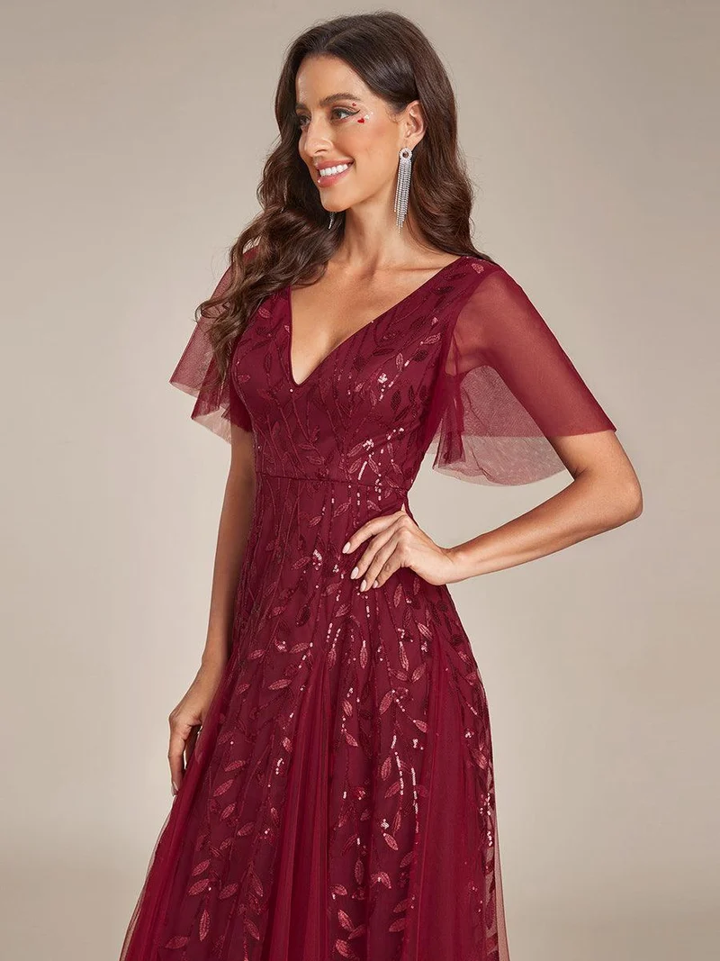 ever ASTRAL|Robe de soirée de mariage à col en V et manches à volants