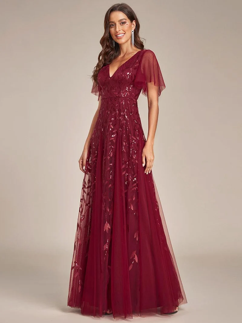 ever ASTRAL|Robe de soirée de mariage à col en V et manches à volants