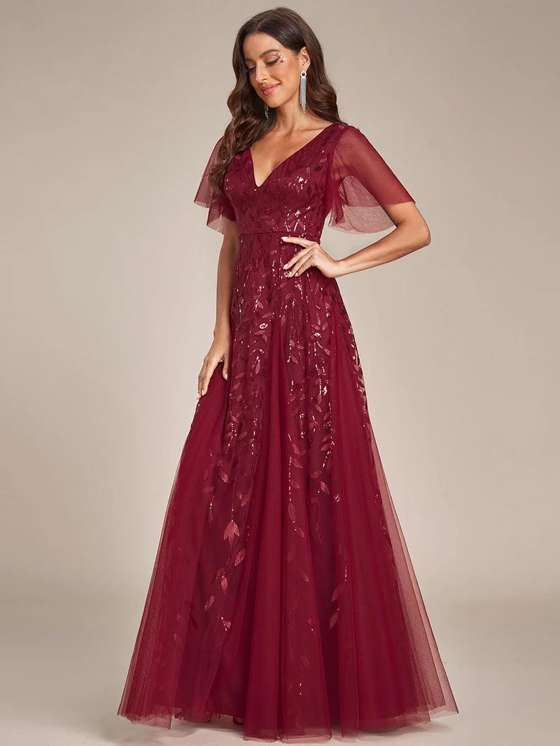 ever ASTRAL|Robe de soirée de mariage à col en V et manches à volants