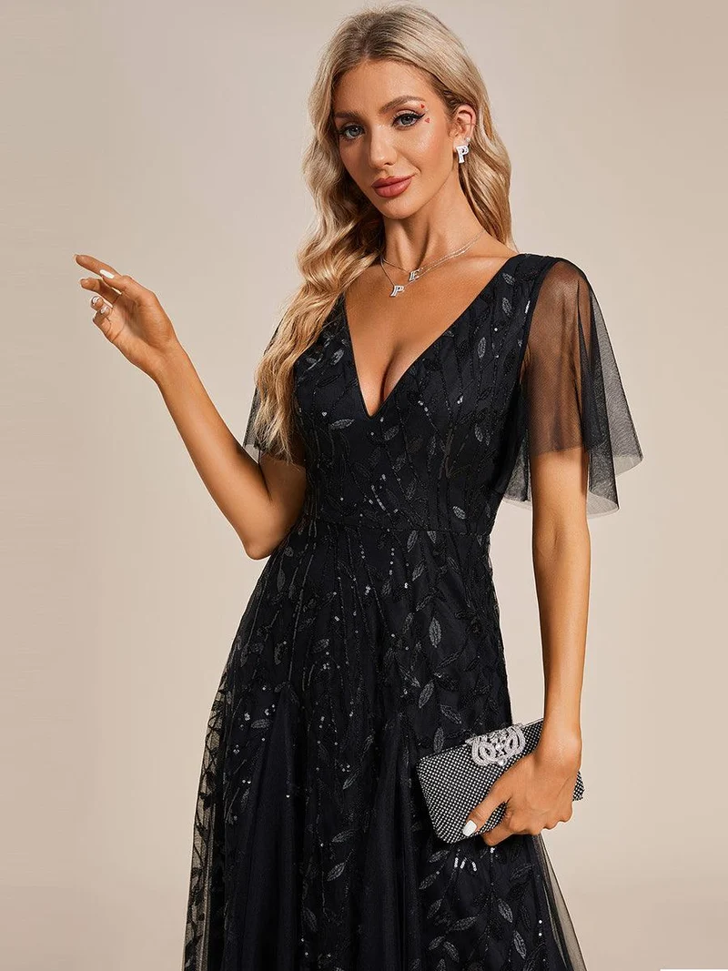 ever ASTRAL|Robe de soirée de mariage à col en V et manches à volants