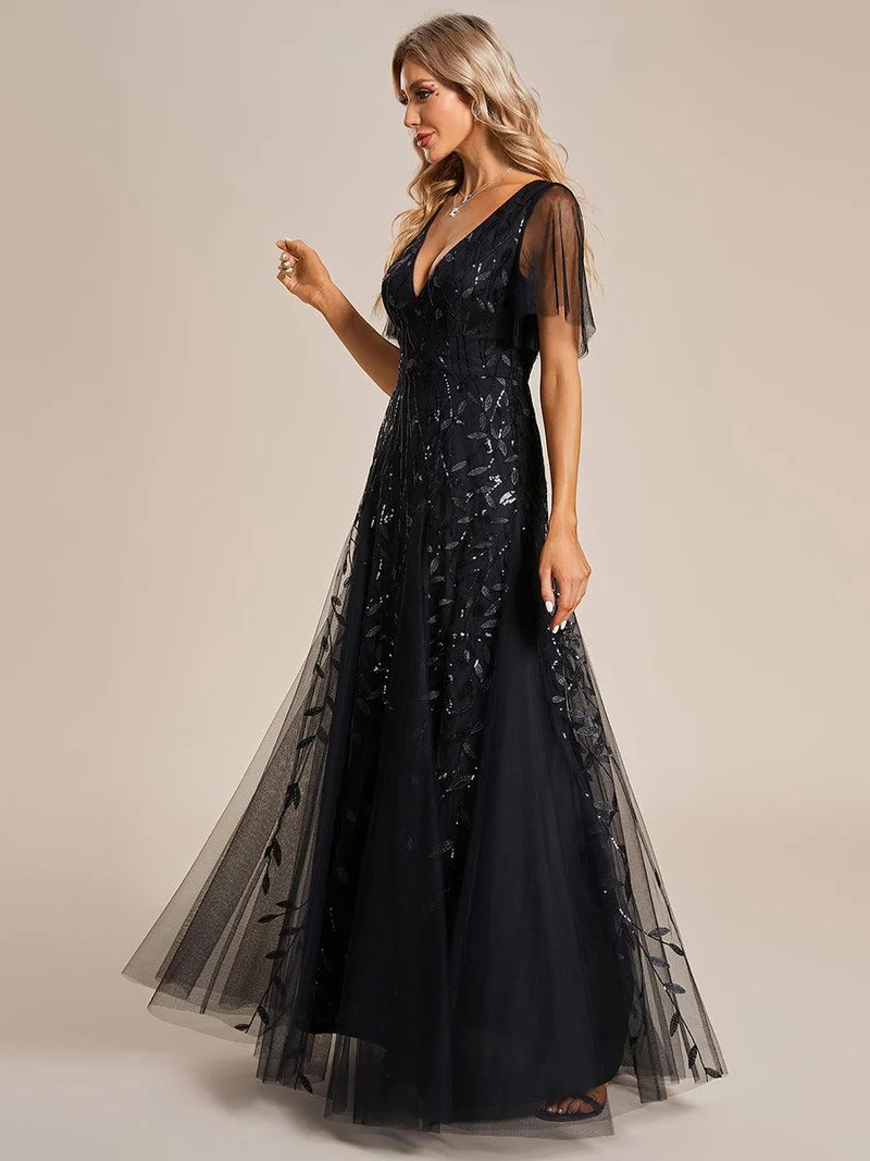 ever ASTRAL|Robe de soirée de mariage à col en V et manches à volants