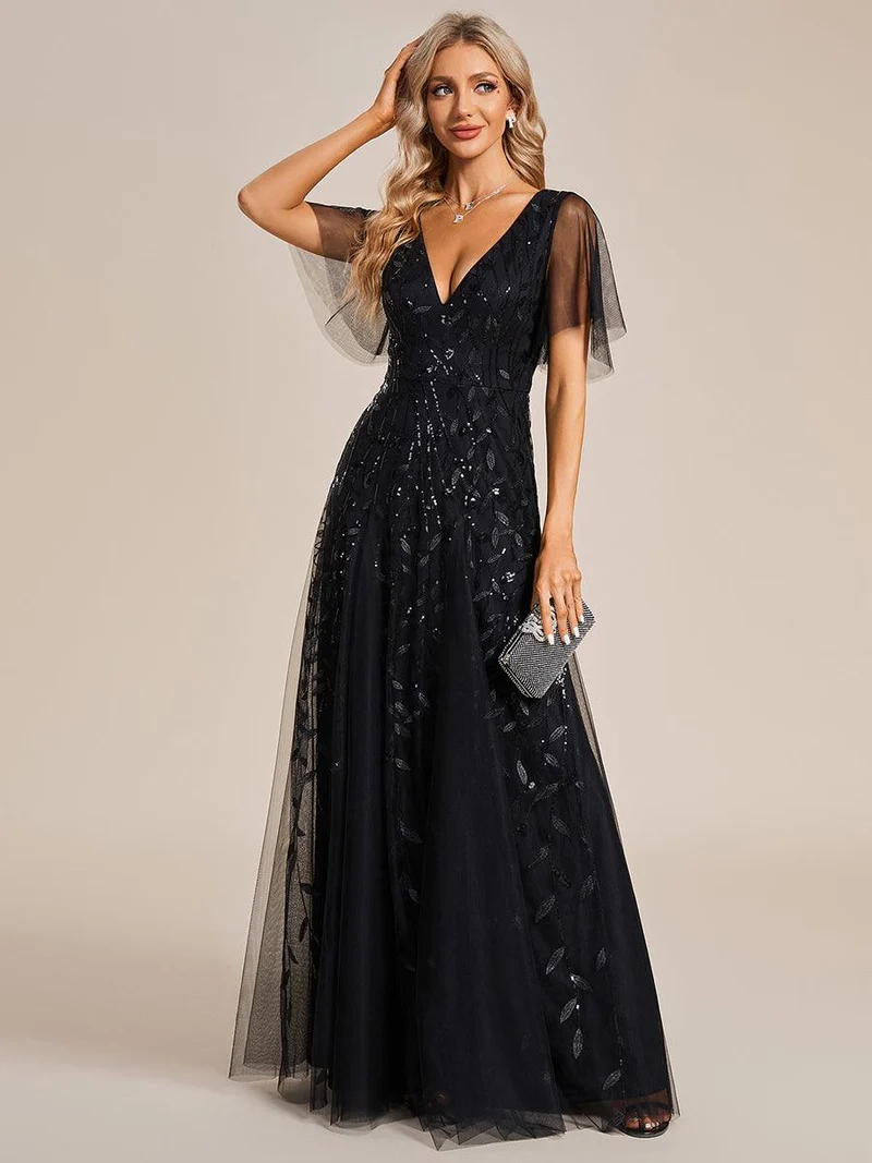 ever ASTRAL|Robe de soirée de mariage à col en V et manches à volants