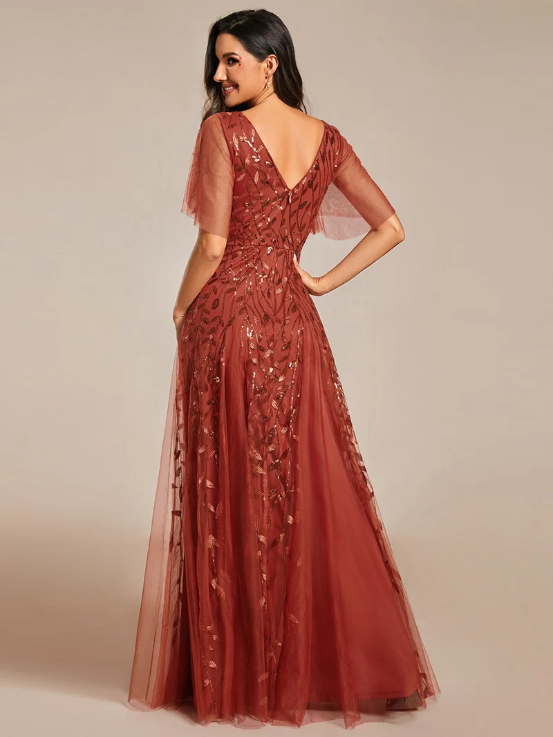 ever ASTRAL|Robe de soirée de mariage à col en V et manches à volants
