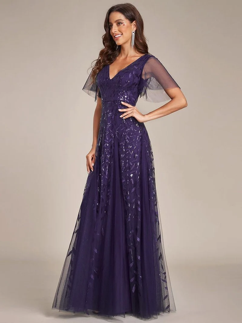 ever ASTRAL|Robe de soirée de mariage à col en V et manches à volants
