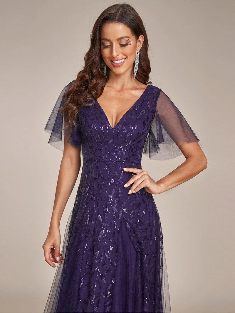 ever ASTRAL|Robe de soirée de mariage à col en V et manches à volants