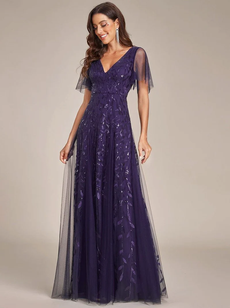 ever ASTRAL|Robe de soirée de mariage à col en V et manches à volants