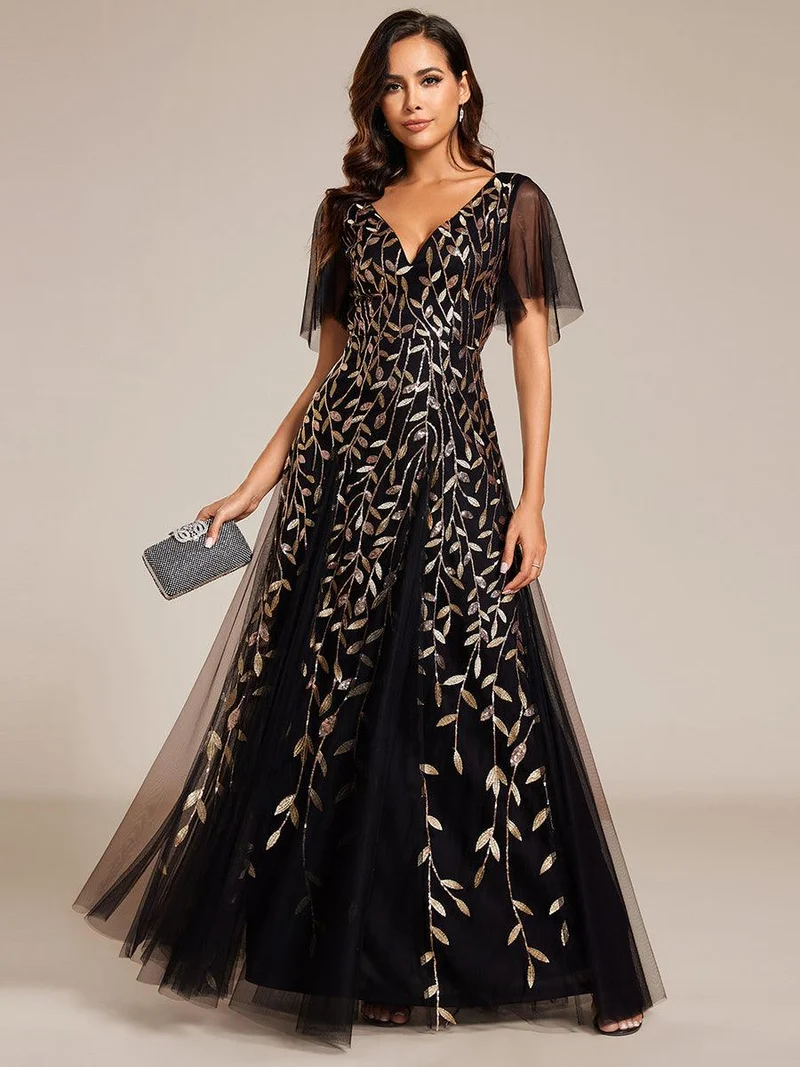 ever ASTRAL|Robe de soirée de mariage à col en V et manches à volants