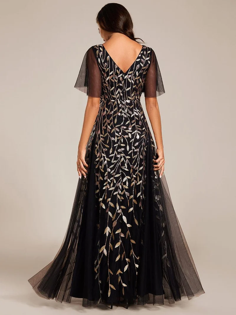 ever ASTRAL|Robe de soirée de mariage à col en V et manches à volants