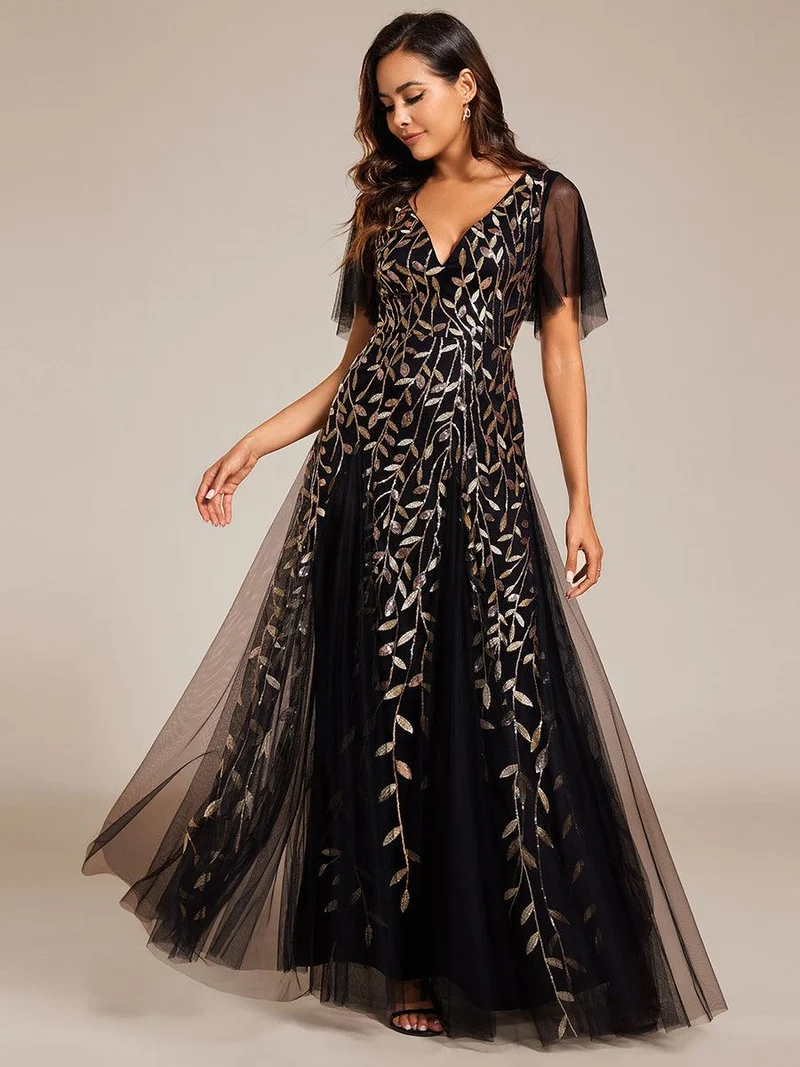 ever ASTRAL|Robe de soirée de mariage à col en V et manches à volants