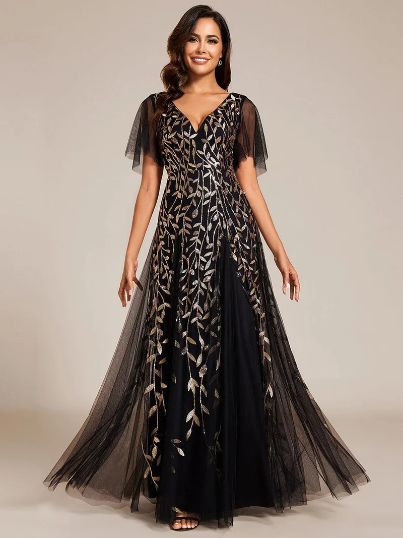 ever ASTRAL|Robe de soirée de mariage à col en V et manches à volants