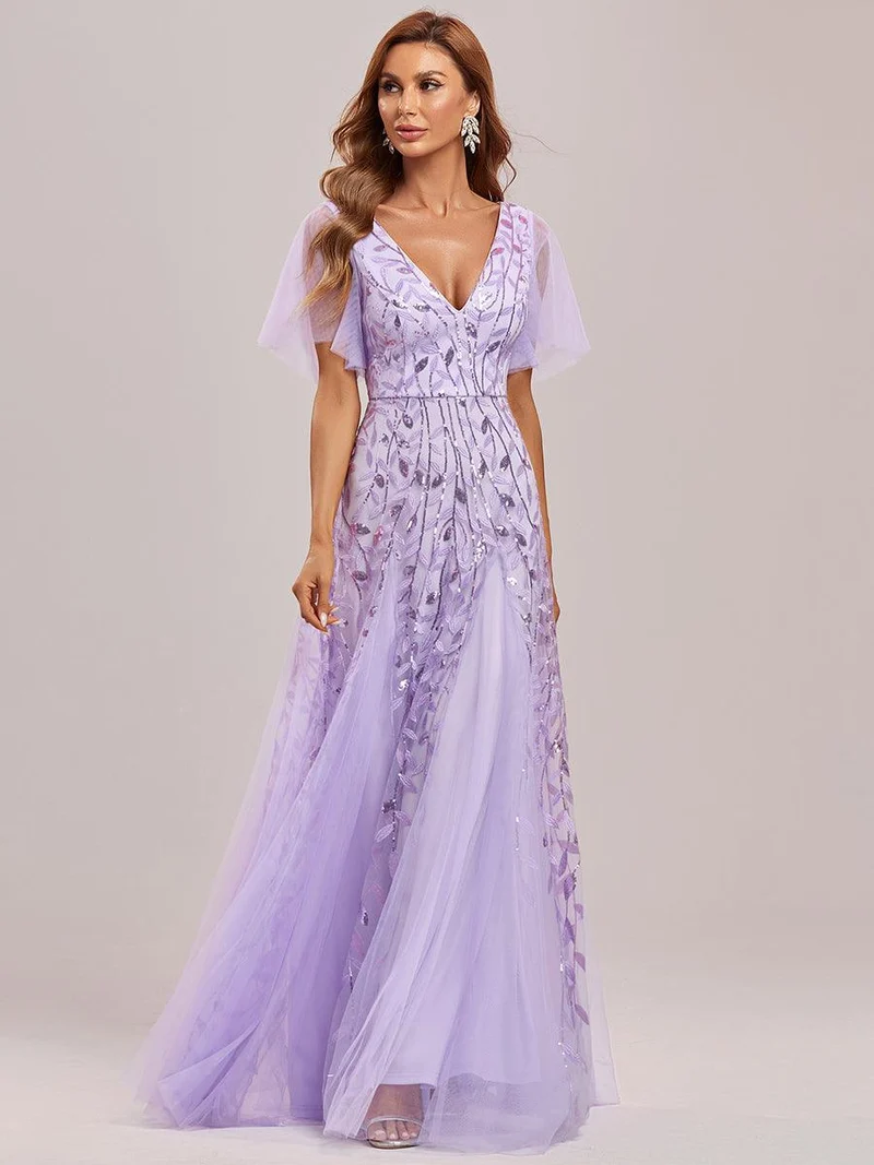 ever ASTRAL|Robe de soirée de mariage à col en V et manches à volants