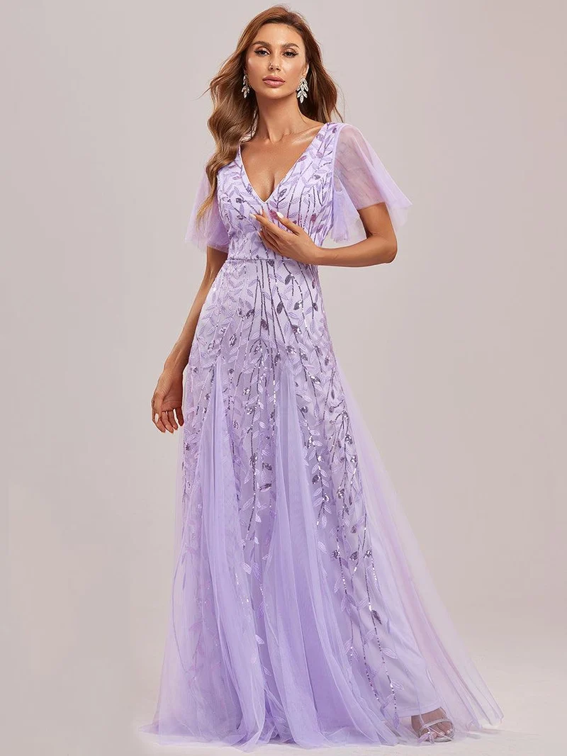 ever ASTRAL|Robe de soirée de mariage à col en V et manches à volants