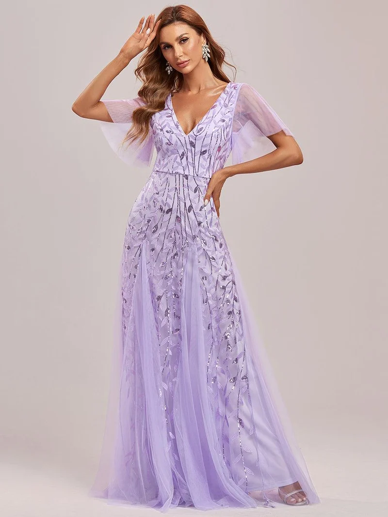 ever ASTRAL|Robe de soirée de mariage à col en V et manches à volants