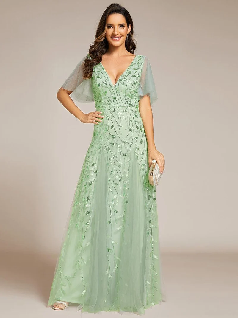 ever ASTRAL|Robe de soirée de mariage à col en V et manches à volants