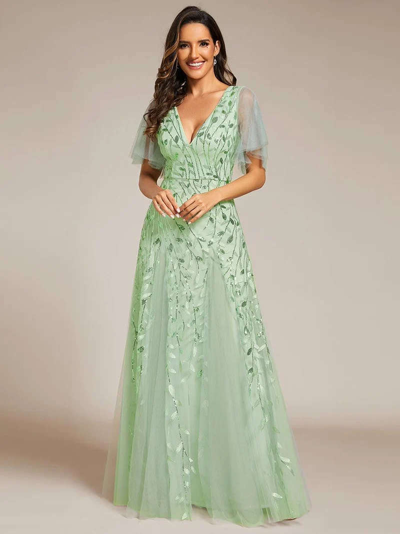 ever ASTRAL|Robe de soirée de mariage à col en V et manches à volants