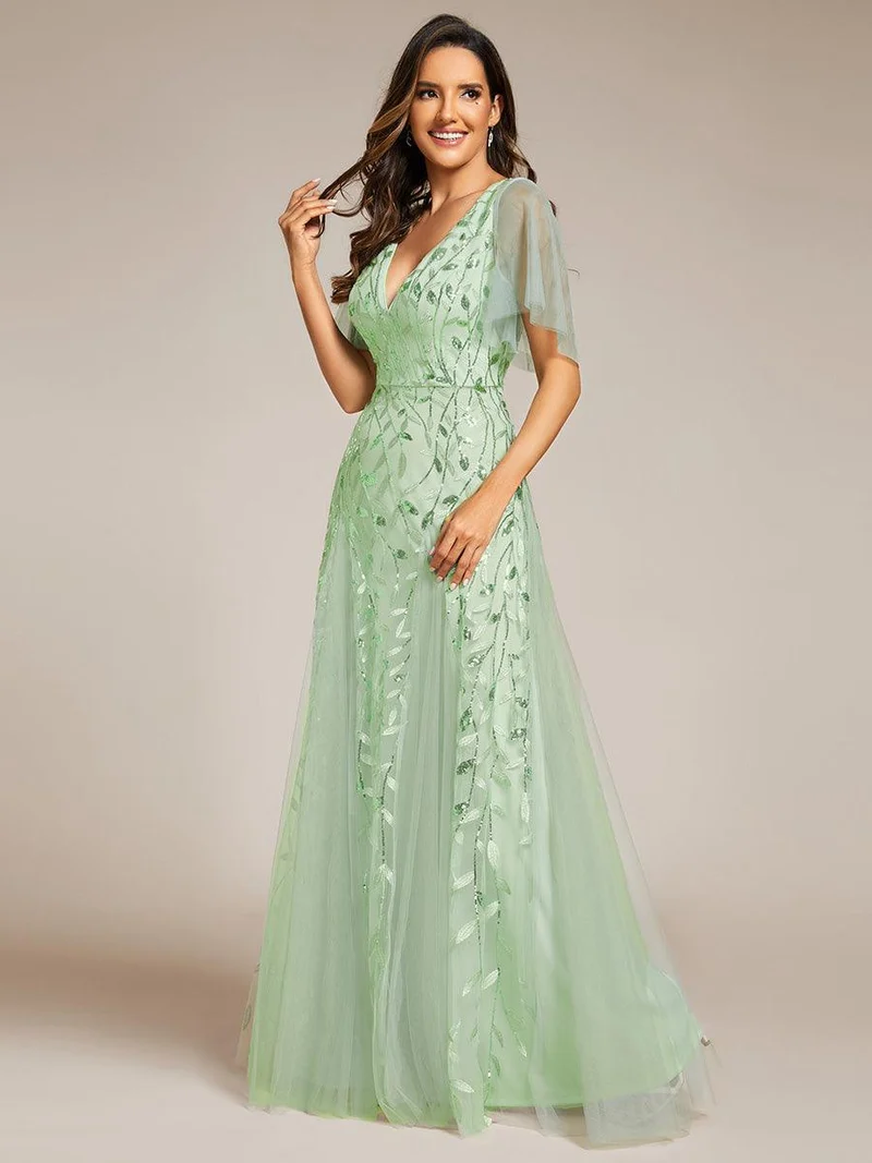 ever ASTRAL|Robe de soirée de mariage à col en V et manches à volants