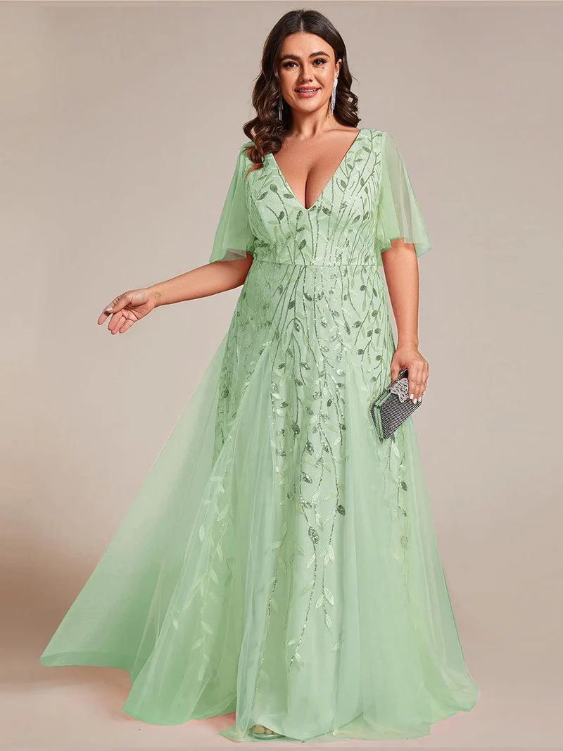 ever ASTRAL|Robe de soirée de mariage à col en V et manches à volants