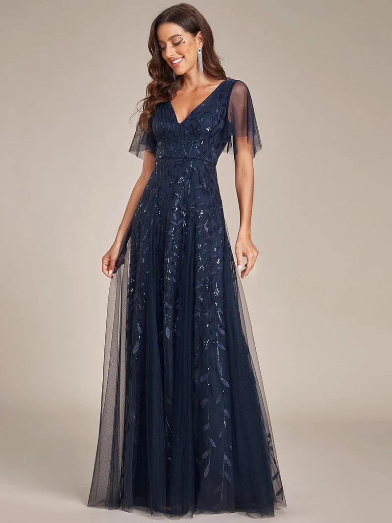 ever ASTRAL|Robe de soirée de mariage à col en V et manches à volants