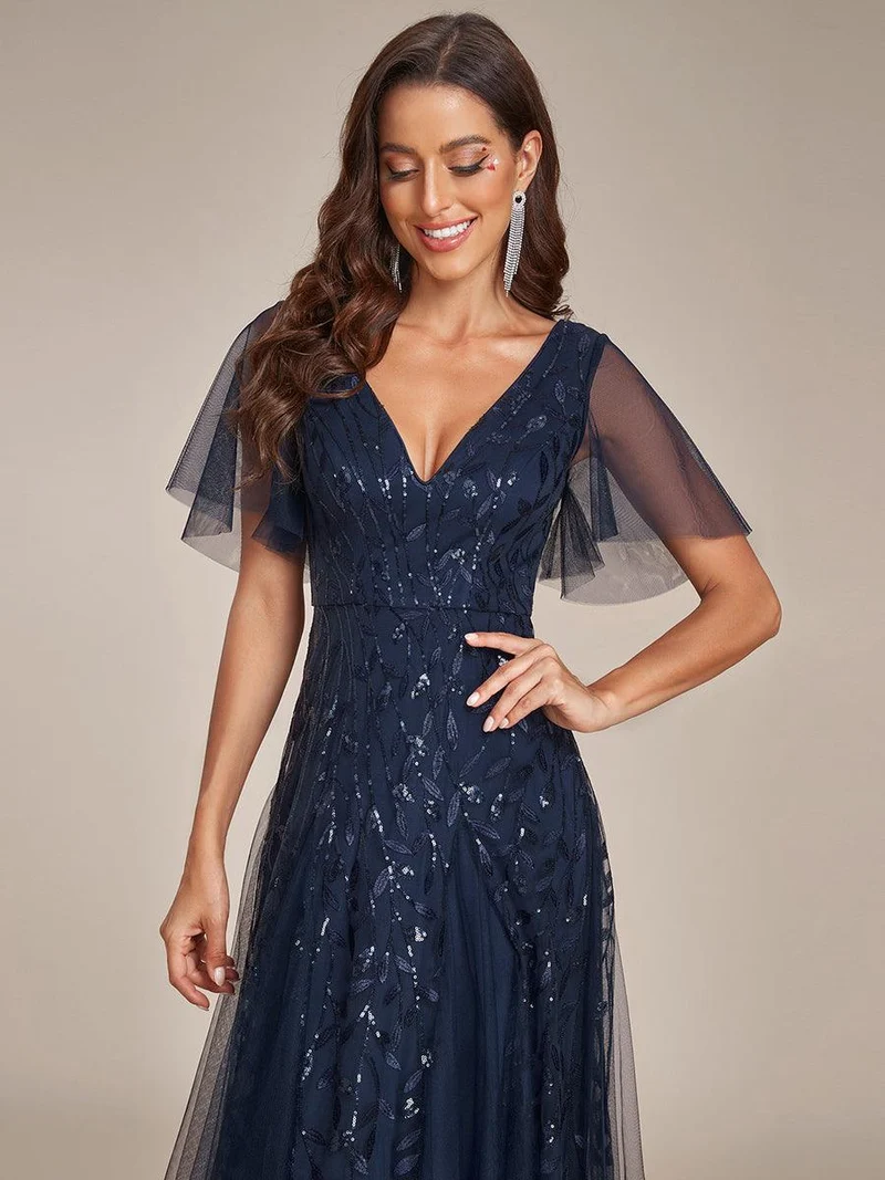ever ASTRAL|Robe de soirée de mariage à col en V et manches à volants