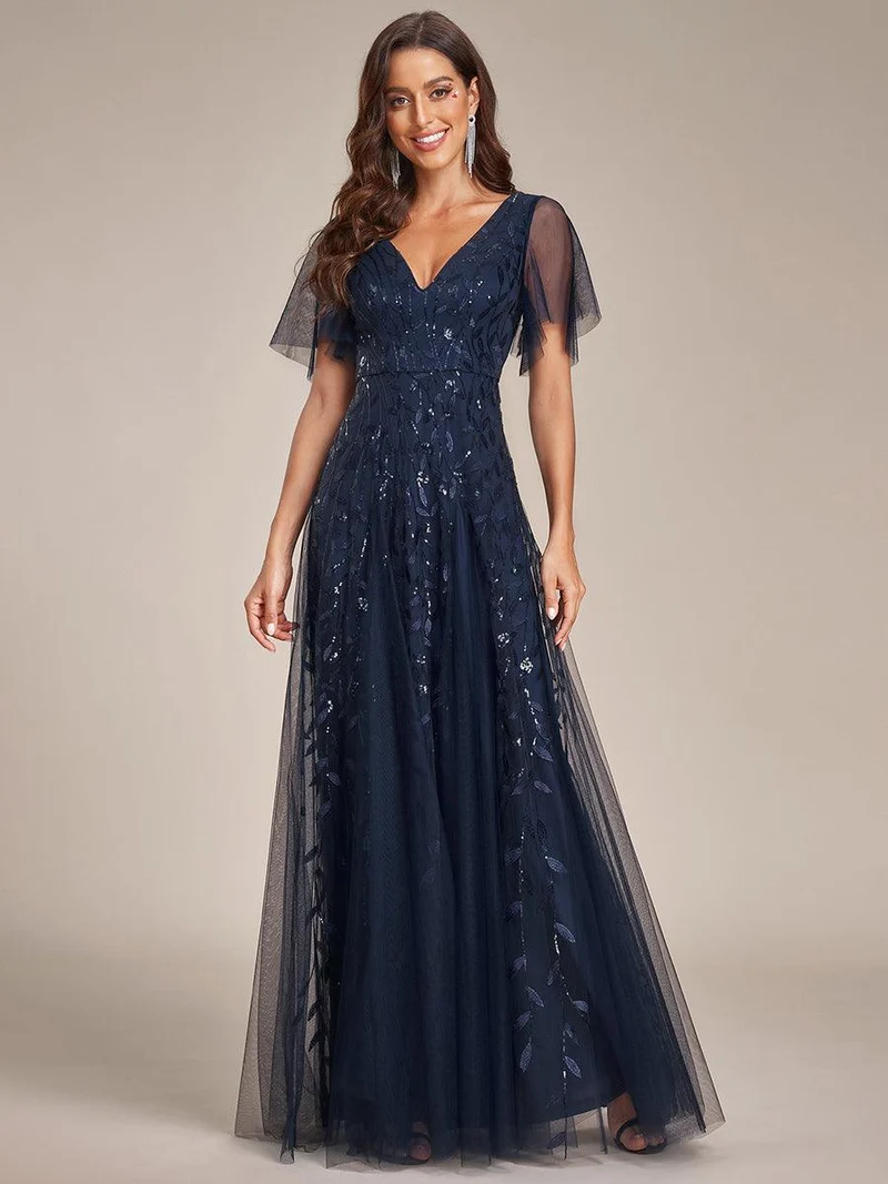 ever ASTRAL|Robe de soirée de mariage à col en V et manches à volants