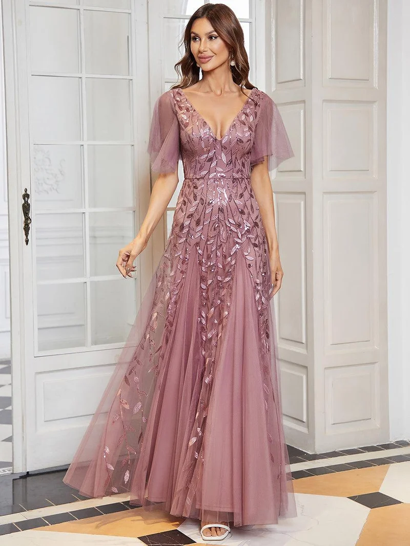 ever ASTRAL|Robe de soirée de mariage à col en V et manches à volants