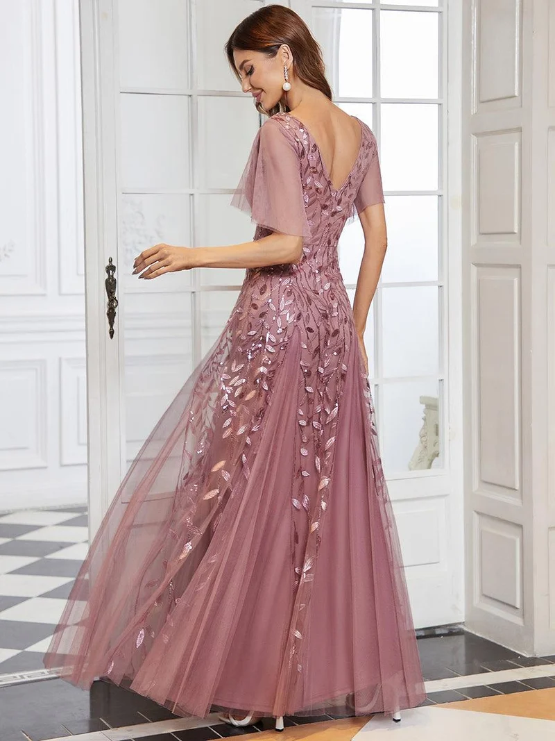 ever ASTRAL|Robe de soirée de mariage à col en V et manches à volants
