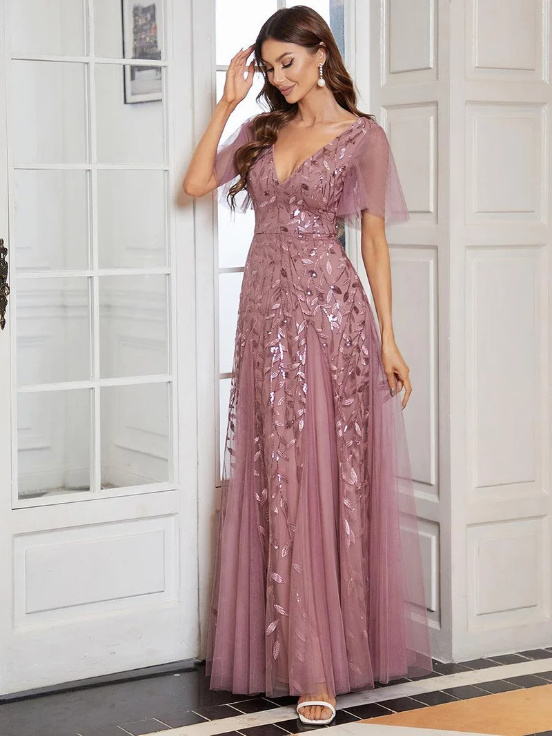 ever ASTRAL|Robe de soirée de mariage à col en V et manches à volants