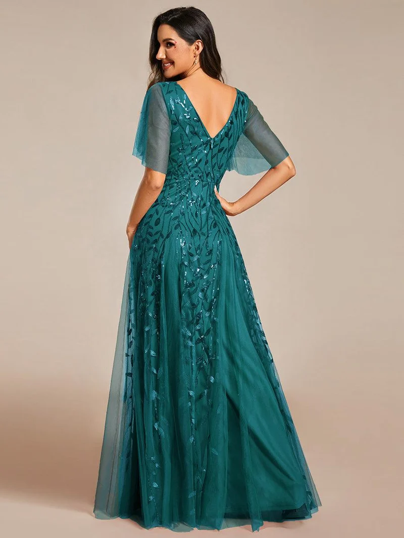 ever ASTRAL|Robe de soirée de mariage à col en V et manches à volants
