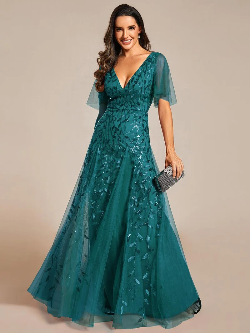 ever ASTRAL|Robe de soirée de mariage à col en V et manches à volants