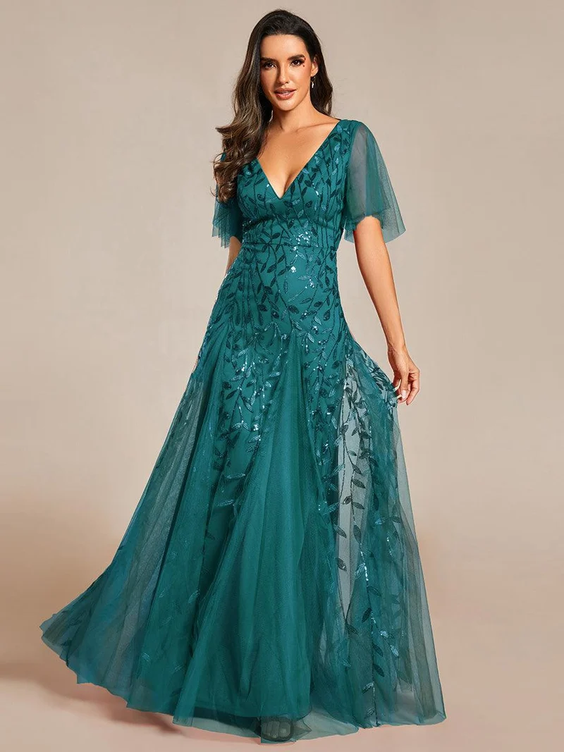 ever ASTRAL|Robe de soirée de mariage à col en V et manches à volants