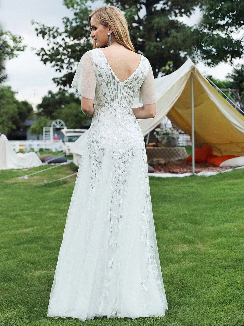 ever ASTRAL|Robe de soirée de mariage à col en V et manches à volants
