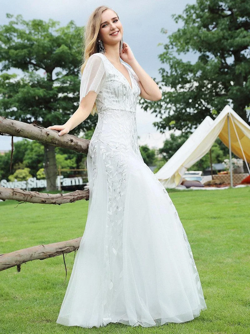 ever ASTRAL|Robe de soirée de mariage à col en V et manches à volants