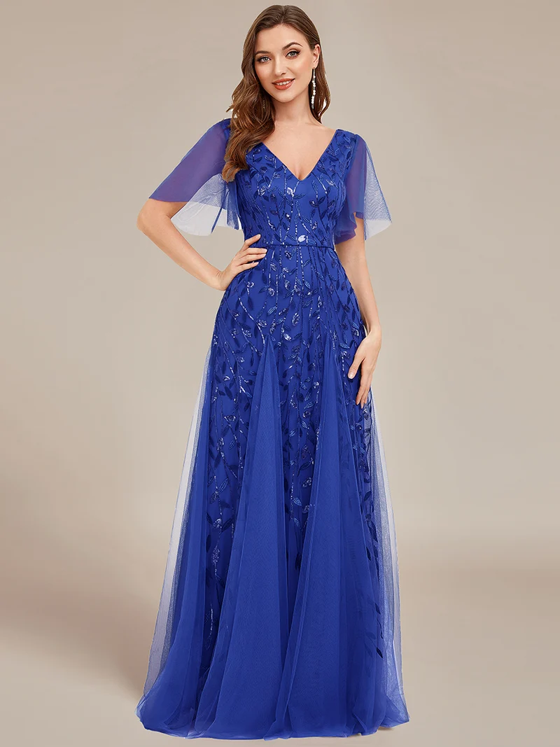 ever ASTRAL|Robe de soirée de mariage à col en V et manches à volants