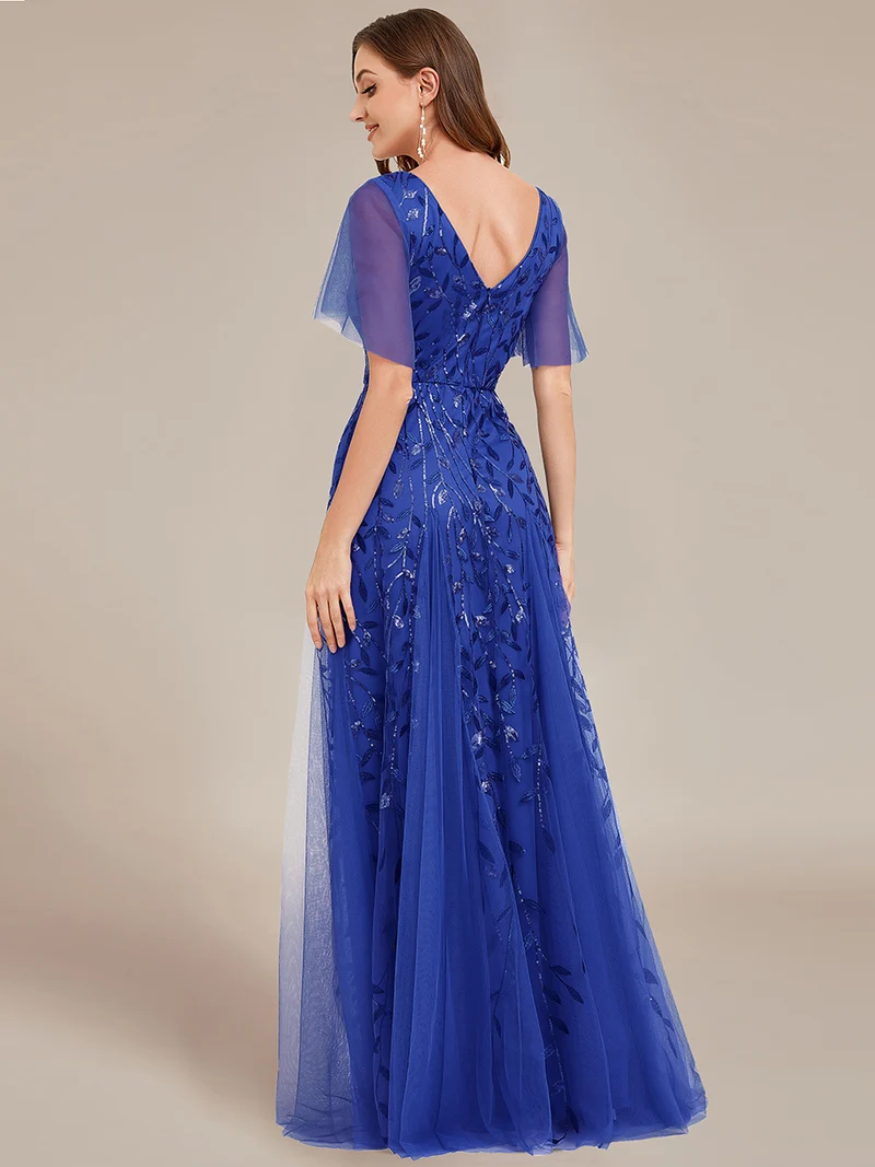 ever ASTRAL|Robe de soirée de mariage à col en V et manches à volants