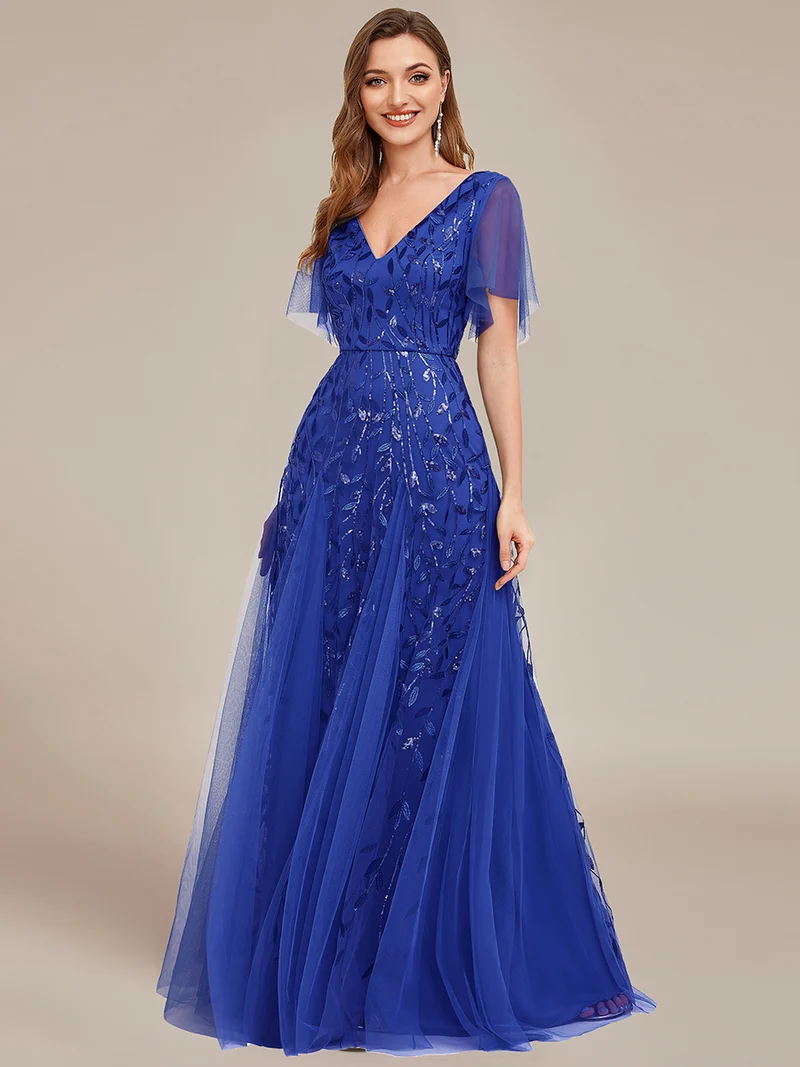 ever ASTRAL|Robe de soirée de mariage à col en V et manches à volants