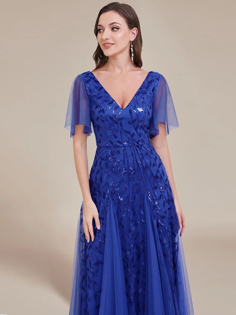 ever ASTRAL|Robe de soirée de mariage à col en V et manches à volants