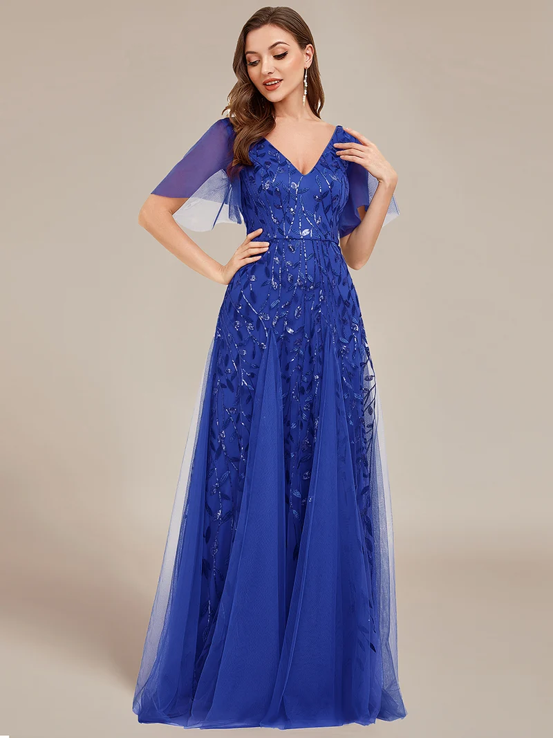 ever ASTRAL|Robe de soirée de mariage à col en V et manches à volants