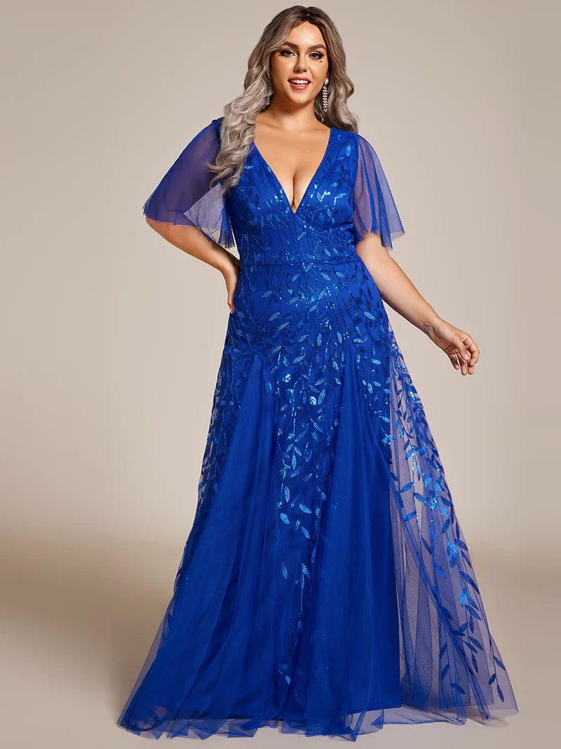 ever ASTRAL|Robe de soirée de mariage à col en V et manches à volants