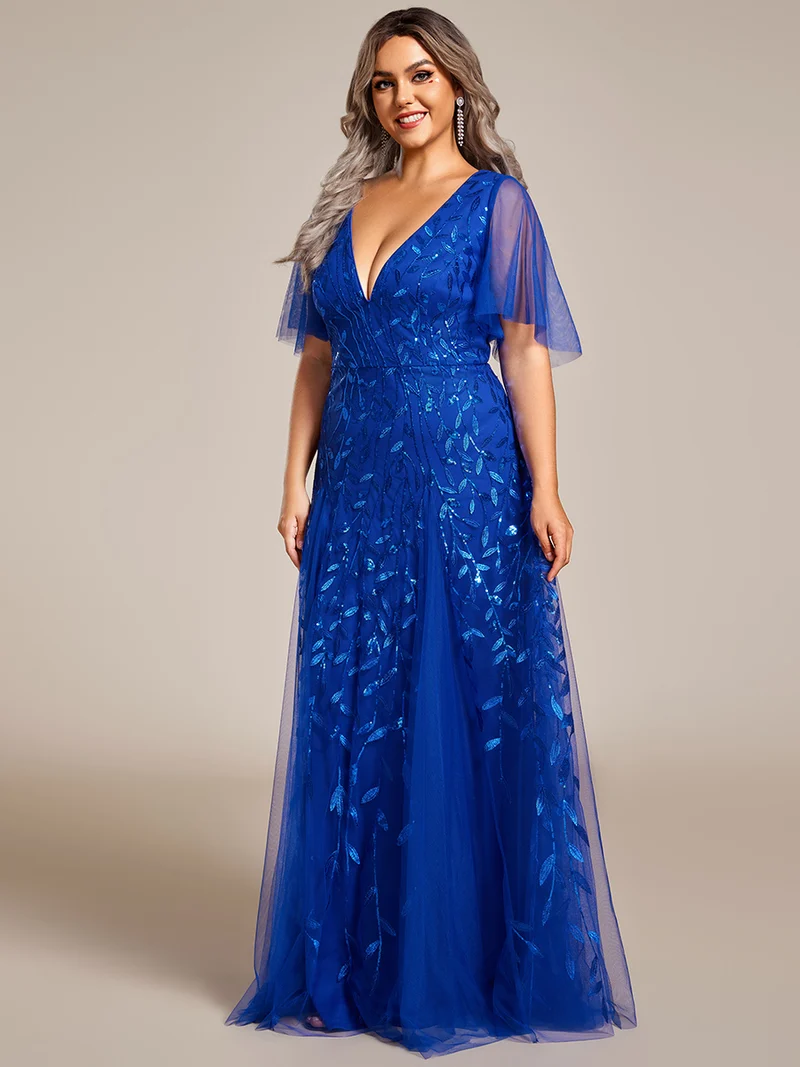 ever ASTRAL|Robe de soirée de mariage à col en V et manches à volants